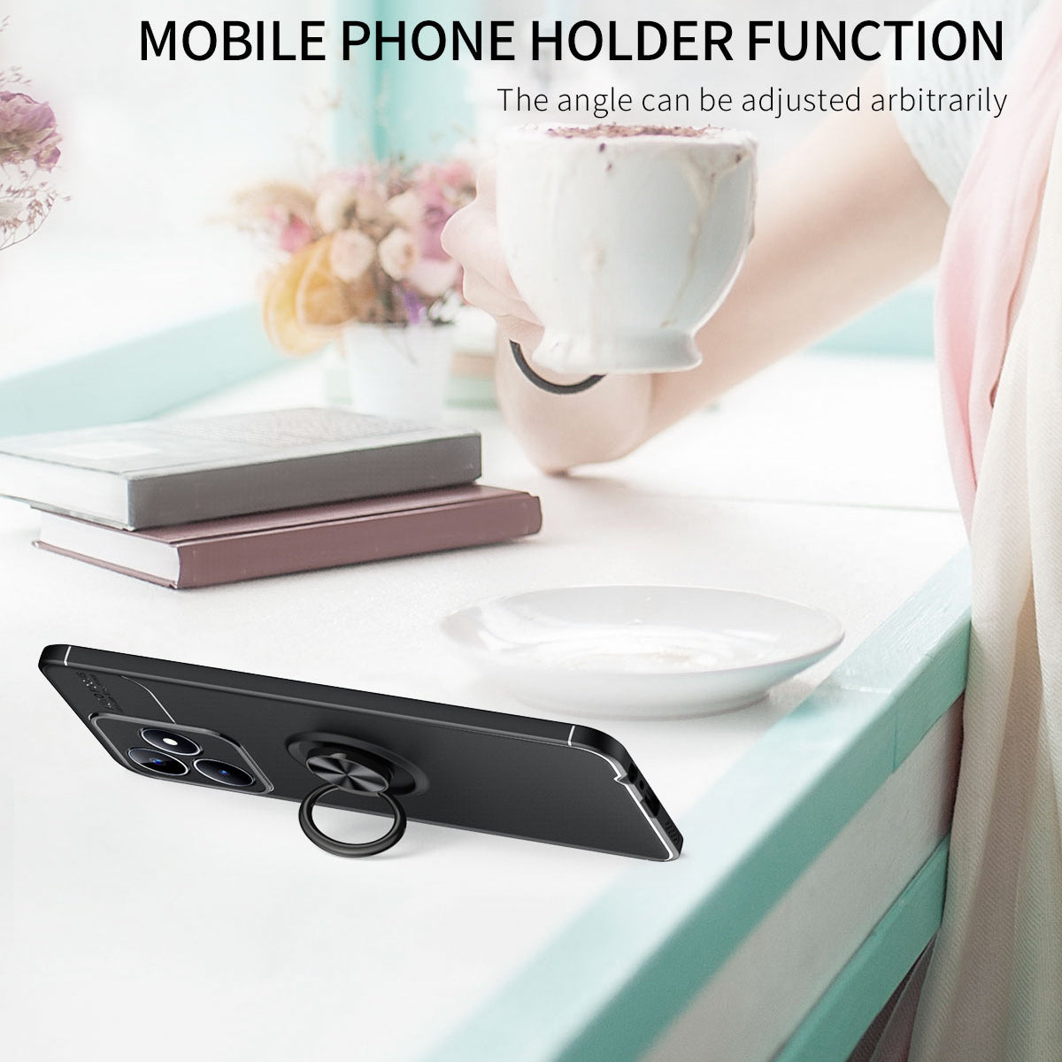 Protective Cover for Realme C35 4G Kickstand TPU Phone Case Anti-drop Ring Holder Phone Shell - Black / Blue