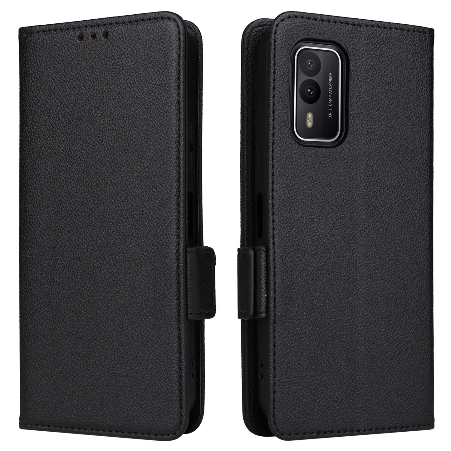 Wallet Stand Phone Case for Nokia XR21 Litchi Texture PU Leather Shockproof Cover - Black