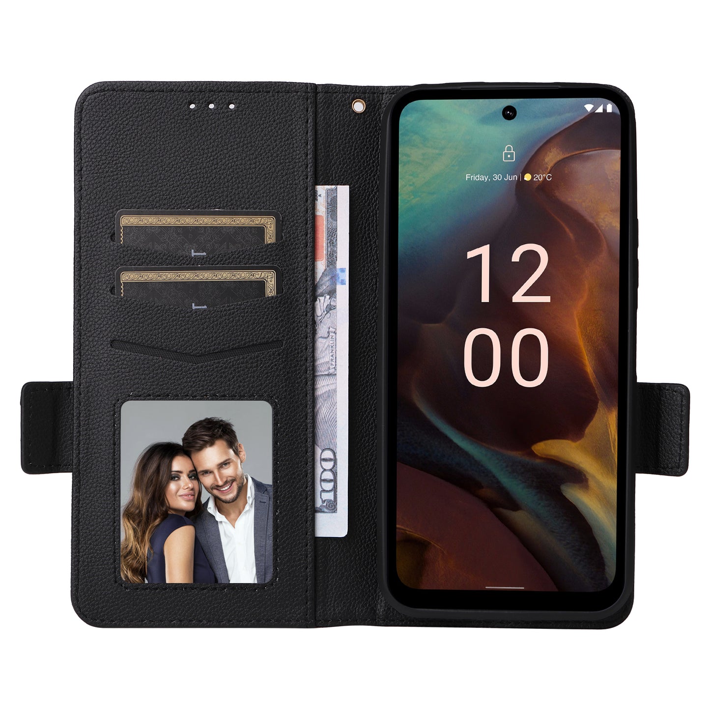 Wallet Stand Phone Case for Nokia XR21 Litchi Texture PU Leather Shockproof Cover - Black