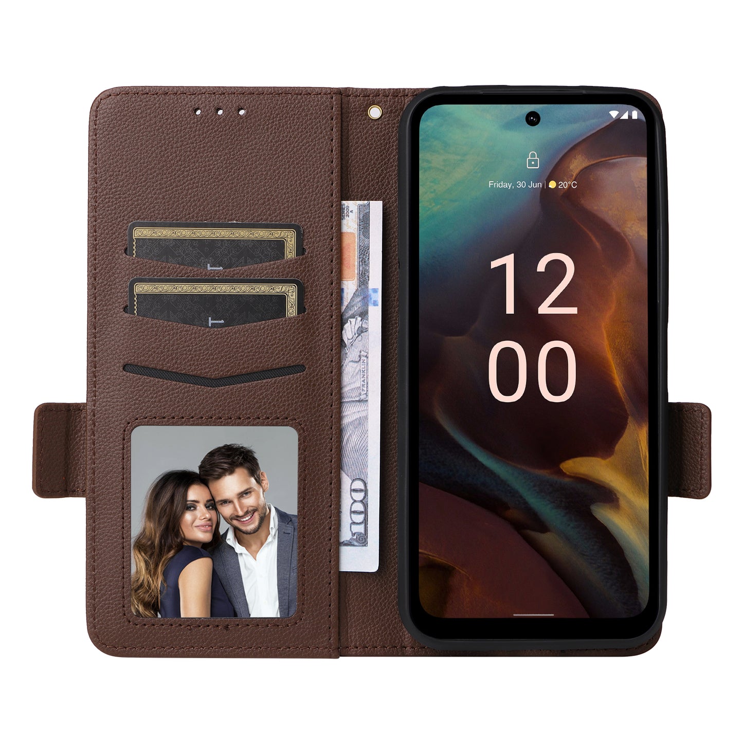 Wallet Stand Phone Case for Nokia XR21 Litchi Texture PU Leather Shockproof Cover - Brown