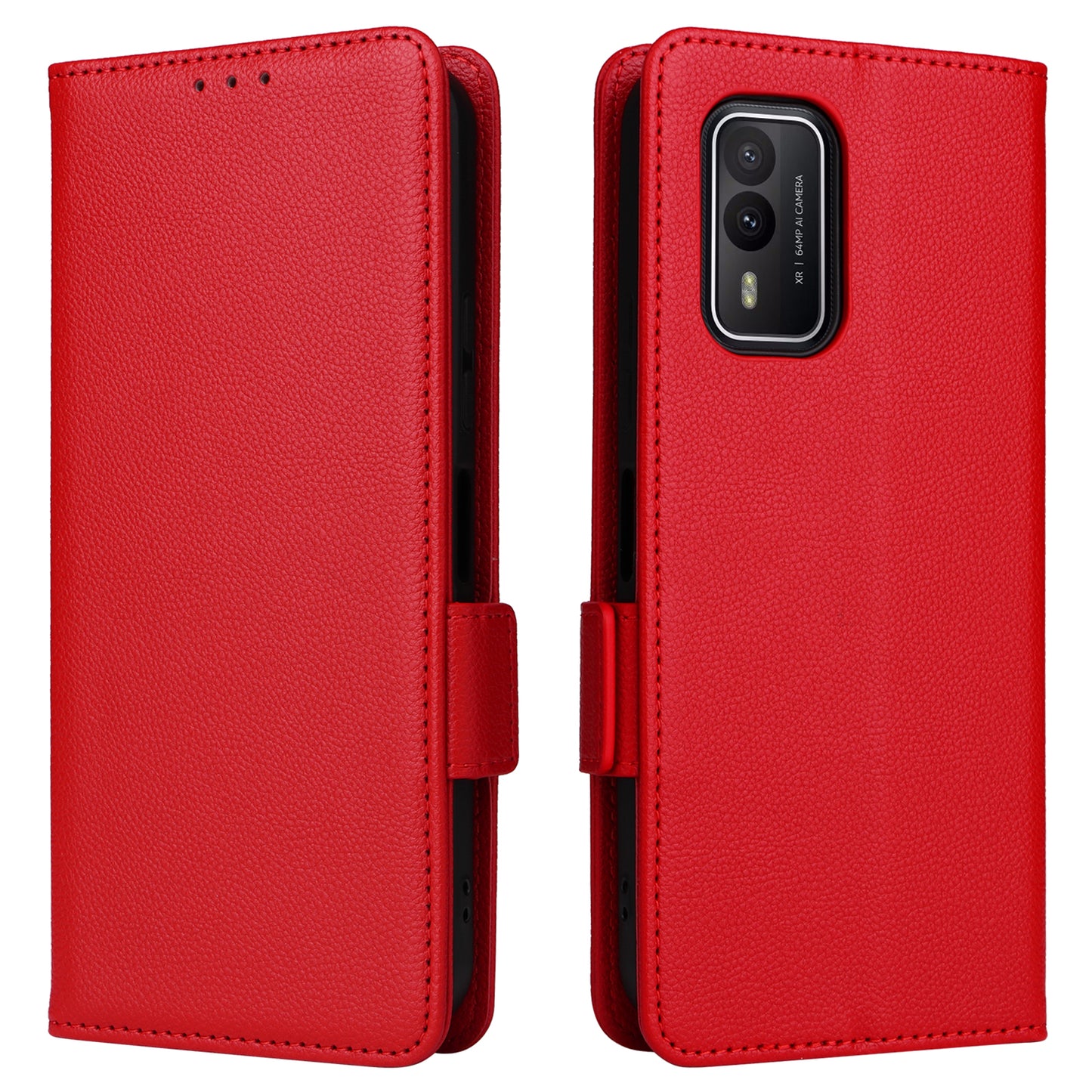 Wallet Stand Phone Case for Nokia XR21 Litchi Texture PU Leather Shockproof Cover - Red