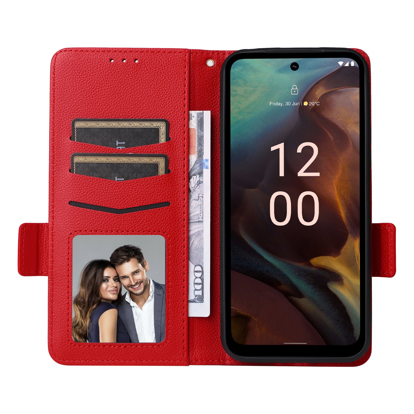 Wallet Stand Phone Case for Nokia XR21 Litchi Texture PU Leather Shockproof Cover - Red