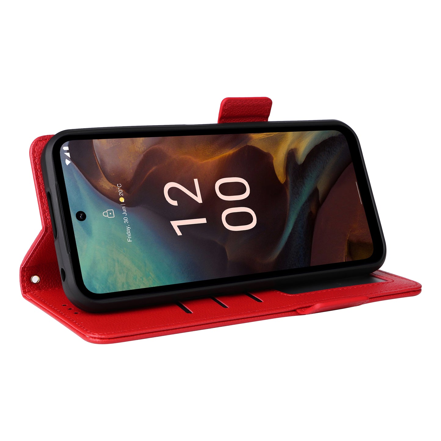 Wallet Stand Phone Case for Nokia XR21 Litchi Texture PU Leather Shockproof Cover - Red