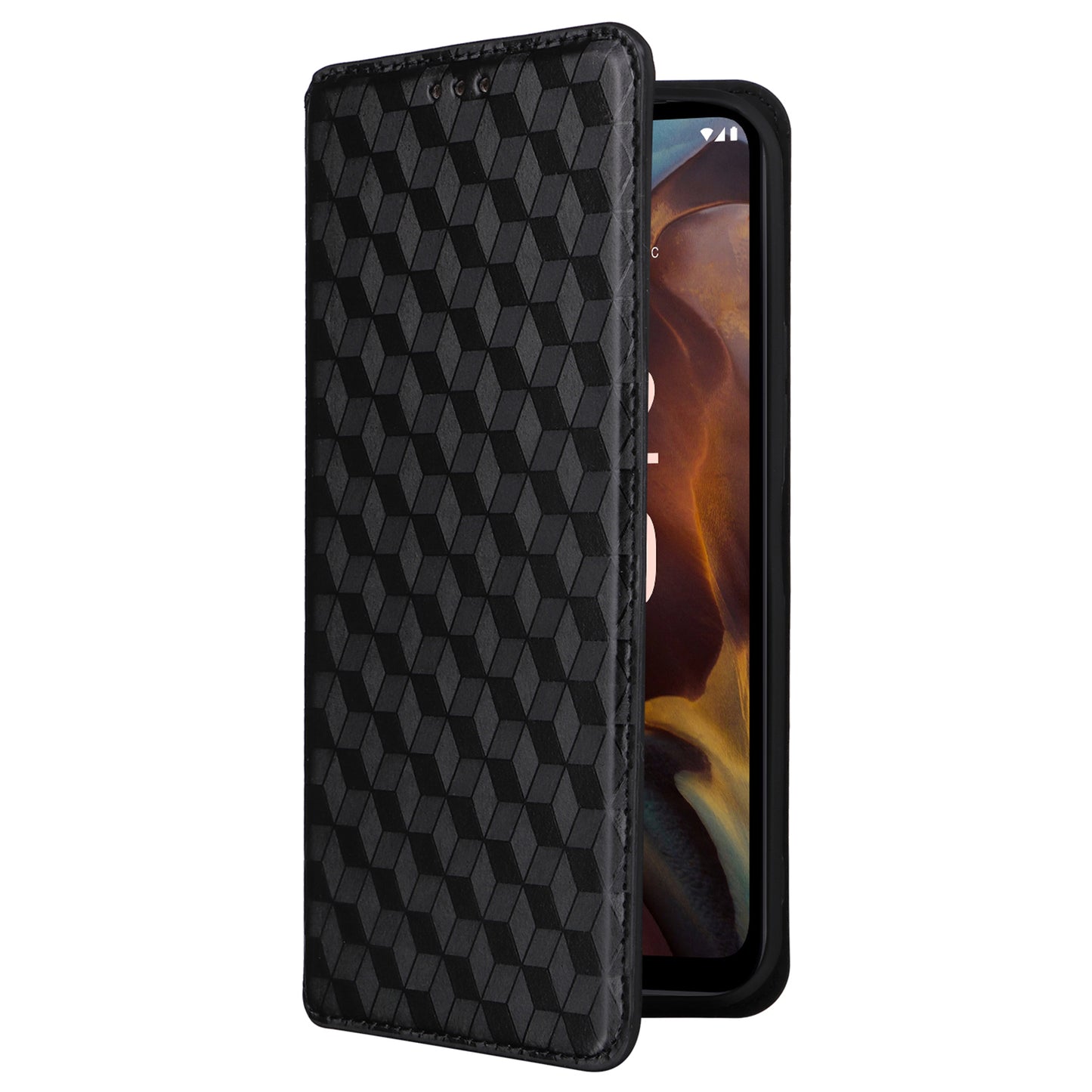 Rhombus Imprinted Shell for Nokia XR21 Bump Proof Phone Cover Stand PU Leather Case - Black