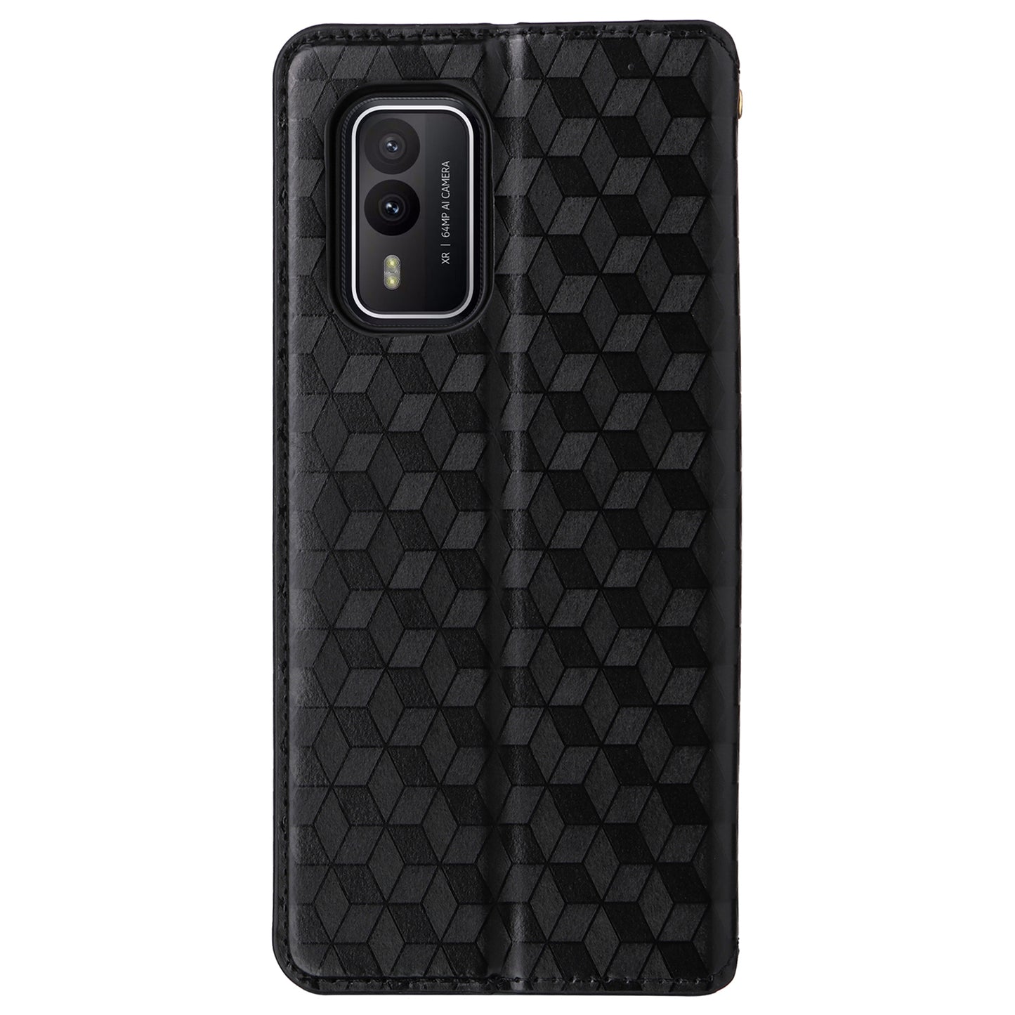 Rhombus Imprinted Shell for Nokia XR21 Bump Proof Phone Cover Stand PU Leather Case - Black