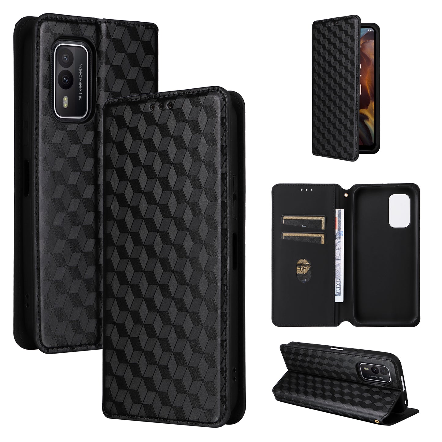 Rhombus Imprinted Shell for Nokia XR21 Bump Proof Phone Cover Stand PU Leather Case - Black
