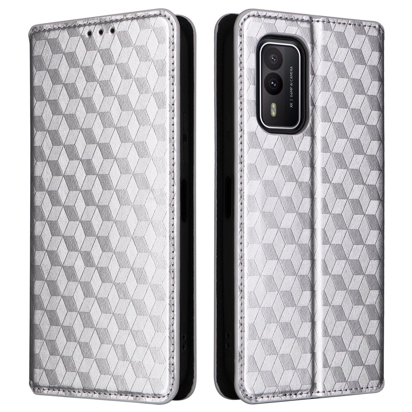 Rhombus Imprinted Shell for Nokia XR21 Bump Proof Phone Cover Stand PU Leather Case - Silver