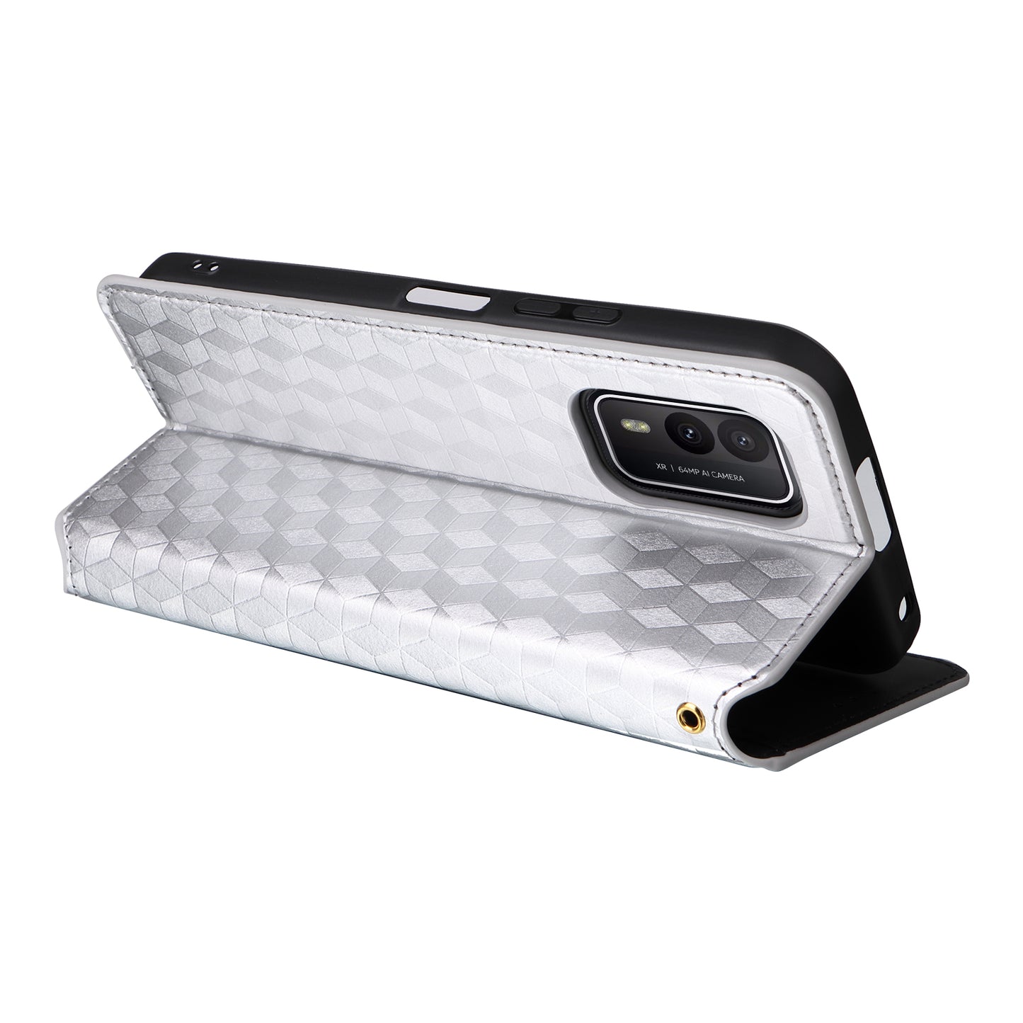 Rhombus Imprinted Shell for Nokia XR21 Bump Proof Phone Cover Stand PU Leather Case - Silver