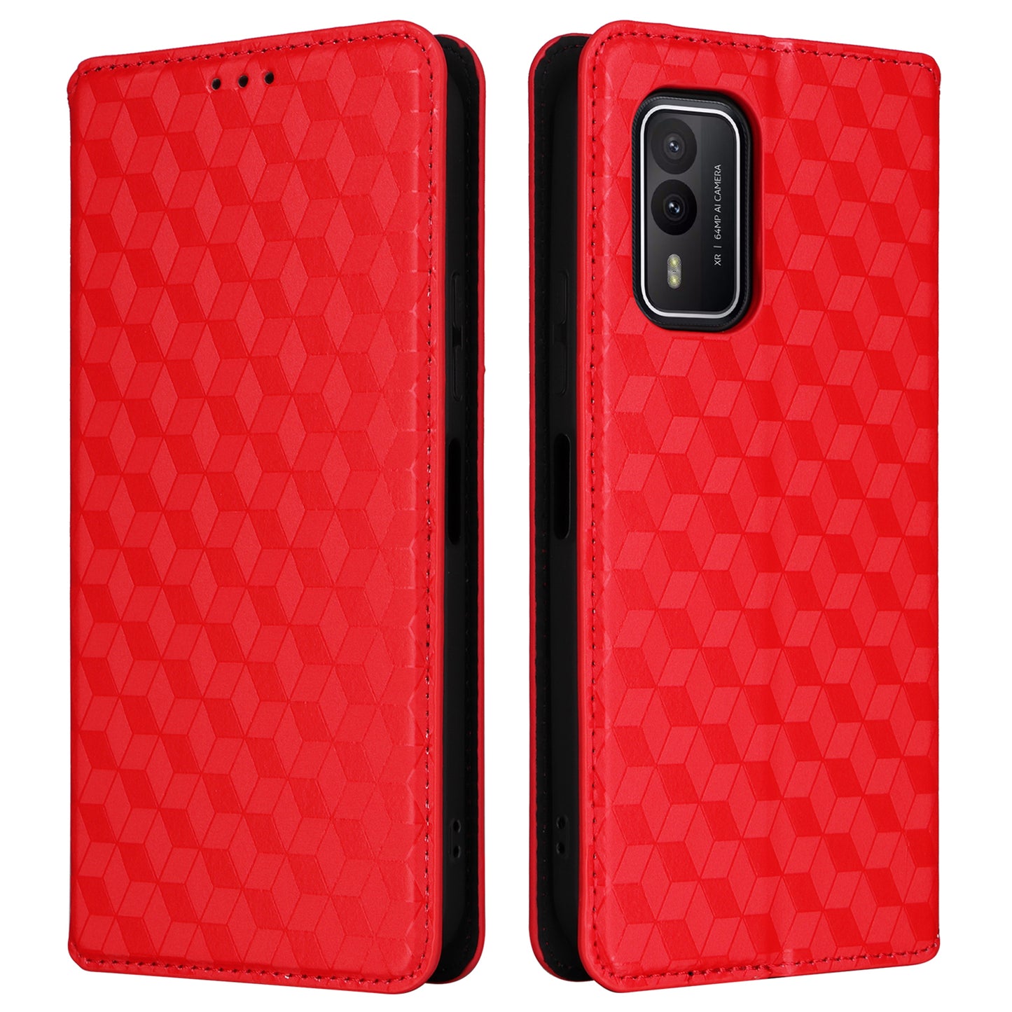 Rhombus Imprinted Shell for Nokia XR21 Bump Proof Phone Cover Stand PU Leather Case - Red