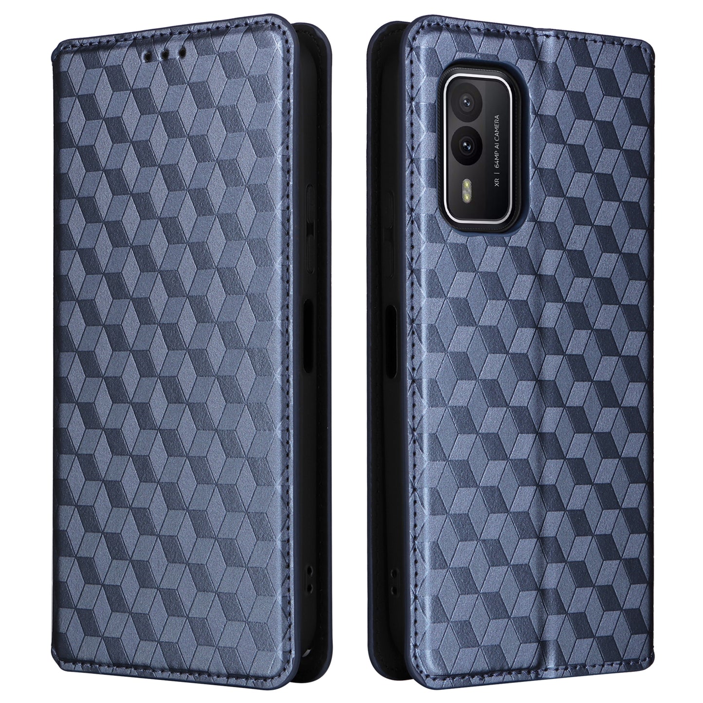 Rhombus Imprinted Shell for Nokia XR21 Bump Proof Phone Cover Stand PU Leather Case - Blue
