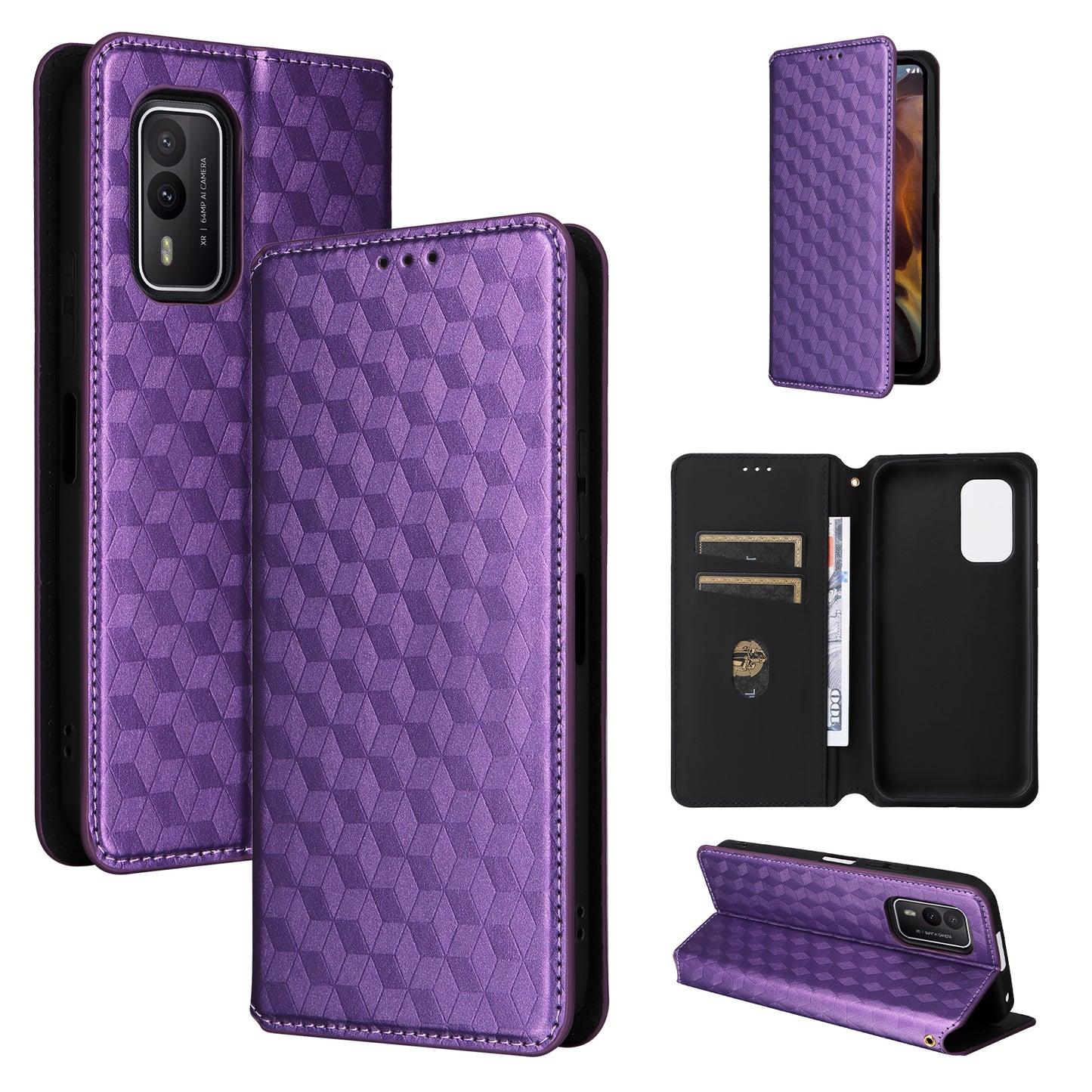 Rhombus Imprinted Shell for Nokia XR21 Bump Proof Phone Cover Stand PU Leather Case - Purple