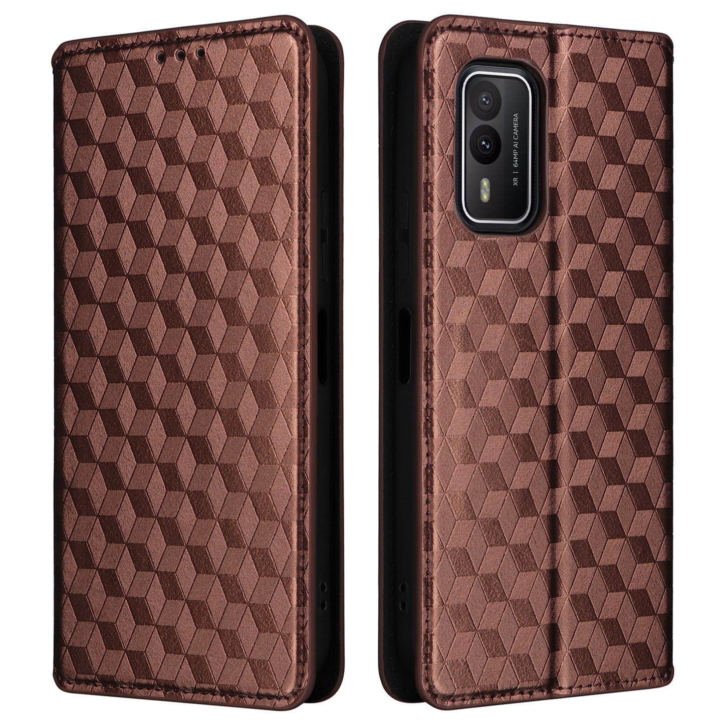 Rhombus Imprinted Shell for Nokia XR21 Bump Proof Phone Cover Stand PU Leather Case - Brown