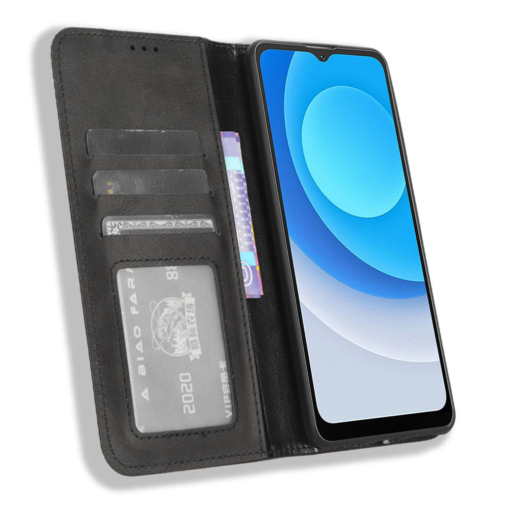 Uniqkart for Blackview Oscal C30 / Oscal C30 Pro Retro PU Leather Wallet Case Stand Phone Protective Cover - Black