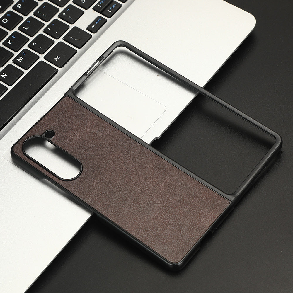 Uniqkart for Samsung Galaxy Z Fold5 5G PU Leather + PC Phone Case Anti-Drop Litchi Texture Cover - Brown