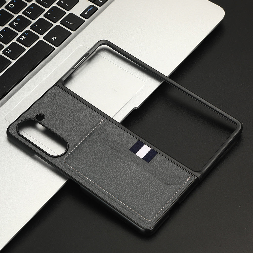 Uniqkart for Samsung Galaxy Z Fold5 5G PU Leather+PC Phone Case Litchi Texture Shockproof Card Slot Cover - Grey
