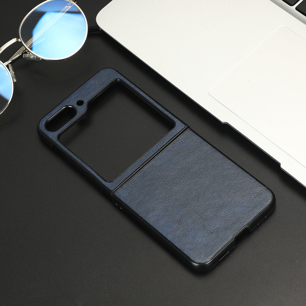 Uniqkart for Samsung Galaxy Z Flip5 5G Slim Phone Case Litchi Texture PU Leather Coated PC Protective Cover - Blue