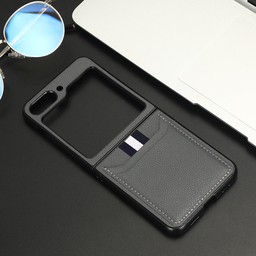 Uniqkart for Samsung Galaxy Z Flip5 5G PU Leather+PC Back Cover Ultra Thin Litchi Texture Card Slot Phone Case - Grey