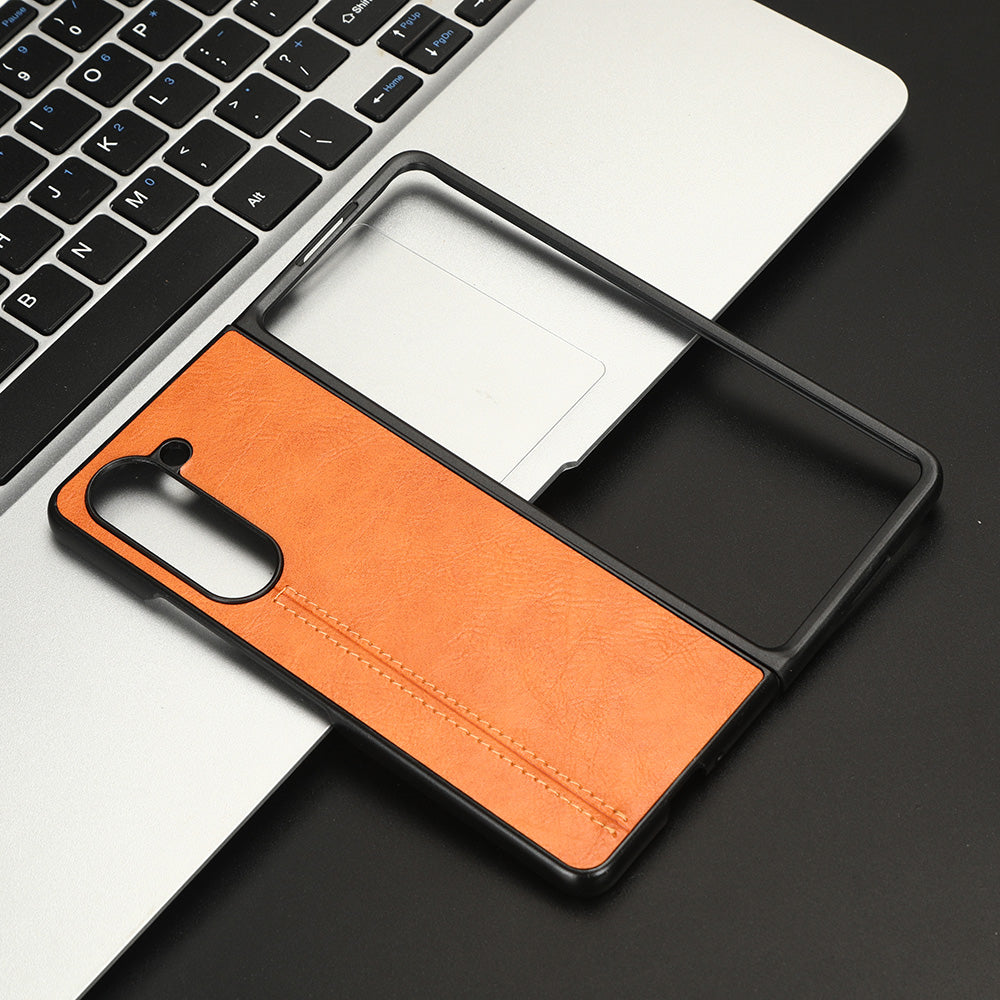 Uniqkart for Samsung Galaxy Z Fold5 5G PU Leather PC Phone Case Anti-Scratch Stitched Protective Cover - Orange