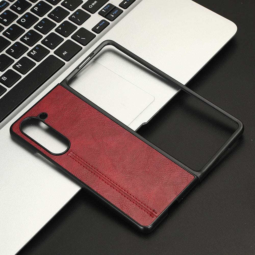Uniqkart for Samsung Galaxy Z Fold5 5G PU Leather PC Phone Case Anti-Scratch Stitched Protective Cover - Red