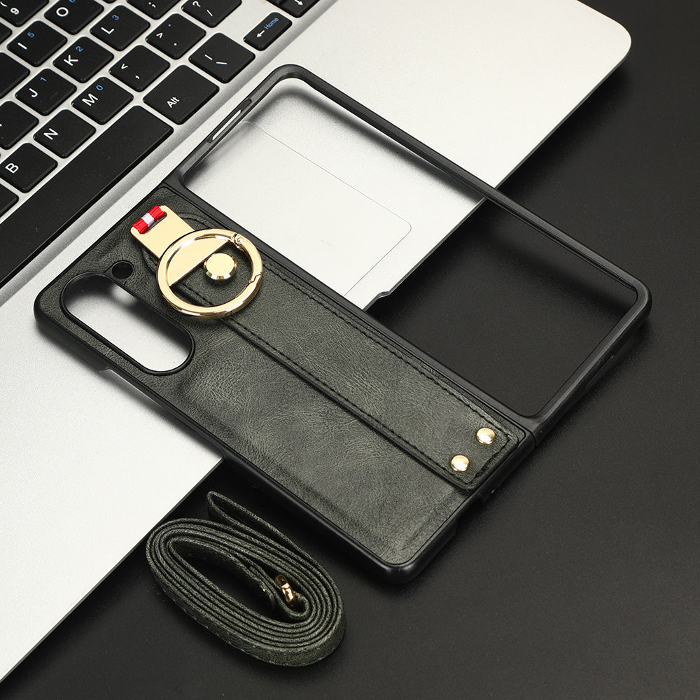 Uniqkart for Samsung Galaxy Z Fold5 5G Calf Texture PU Leather PC Case Kickstand Grip Phone Cover with Shoulder Strap - Green