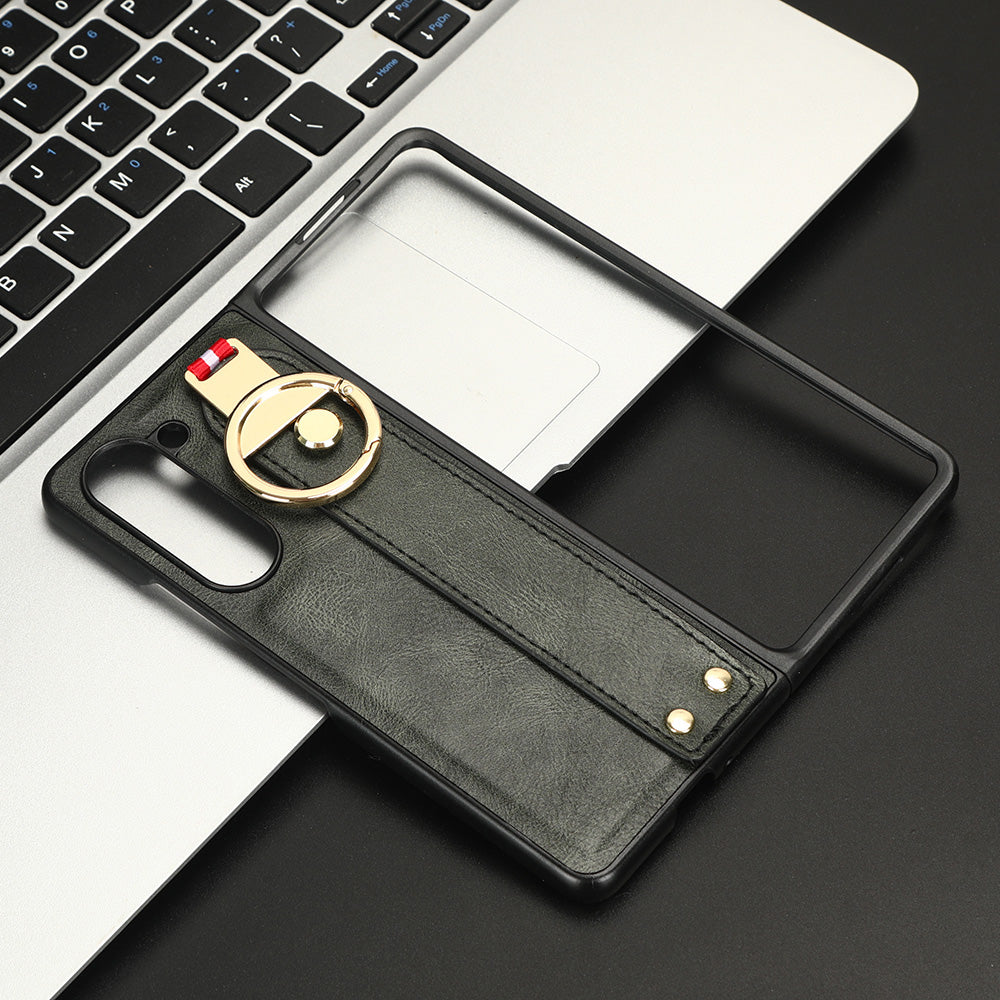 Uniqkart for Samsung Galaxy Z Fold5 5G Calf Texture PU Leather PC Case Kickstand Grip Phone Cover with Shoulder Strap - Green