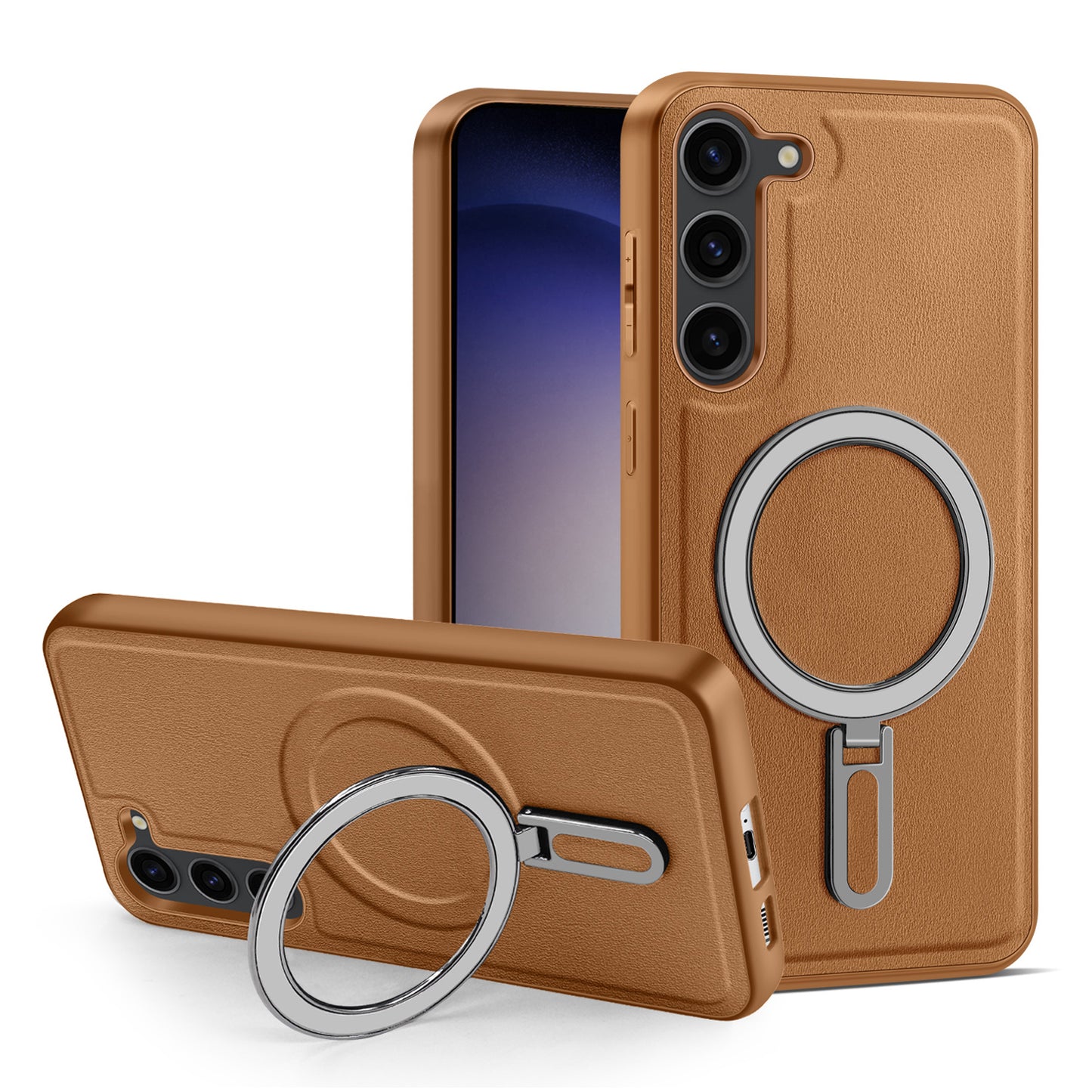 Uniqkart for Samsung Galaxy S23 Magnetic Phone Case PU Leather+PC+TPU Kickstand Cover Compatible with MagSafe - Brown