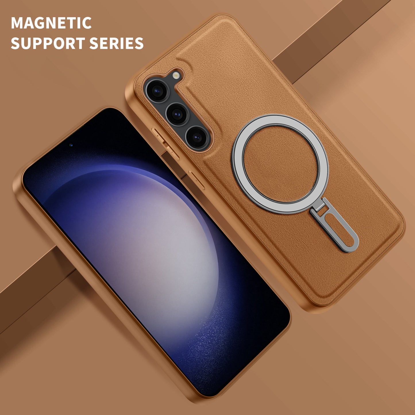 Uniqkart for Samsung Galaxy S23 Magnetic Phone Case PU Leather+PC+TPU Kickstand Cover Compatible with MagSafe - Brown