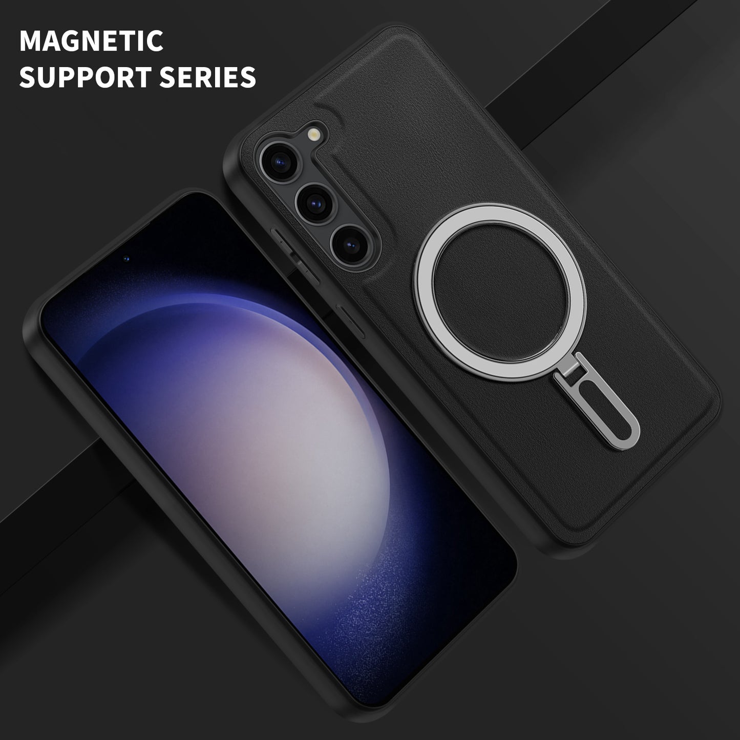 Uniqkart for Samsung Galaxy S23 Magnetic Phone Case PU Leather+PC+TPU Kickstand Cover Compatible with MagSafe - Black