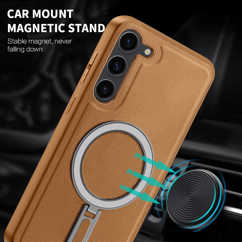 Uniqkart for Samsung Galaxy S23+ PU Leather+PC+TPU Cover Kickstand Phone Case Compatible with MagSafe - Brown