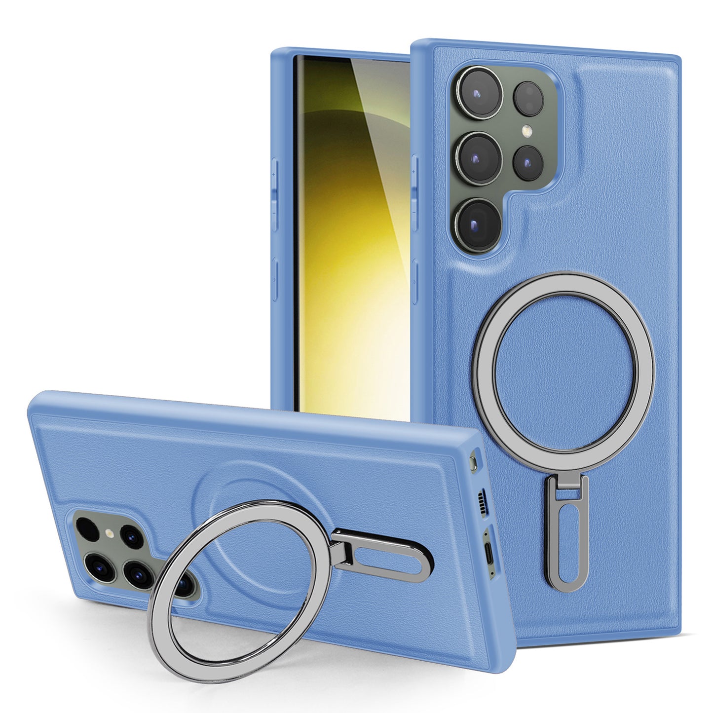 Uniqkart for Samsung Galaxy S23 Ultra Kickstand Phone Case PU Leather Coated PC+TPU Cover Compatible with MagSafe - Baby Blue