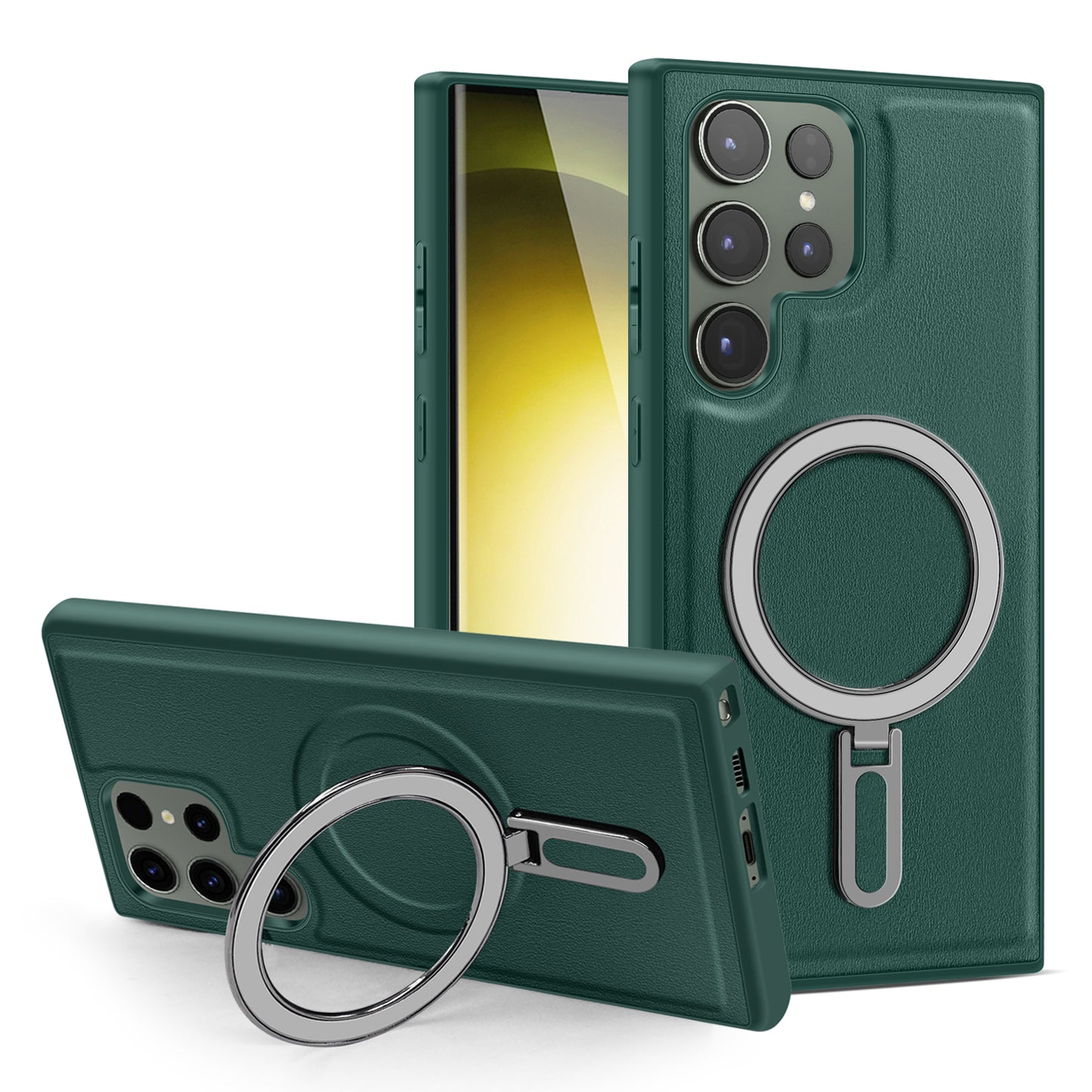 Uniqkart for Samsung Galaxy S23 Ultra Kickstand Phone Case PU Leather Coated PC+TPU Cover Compatible with MagSafe - Green