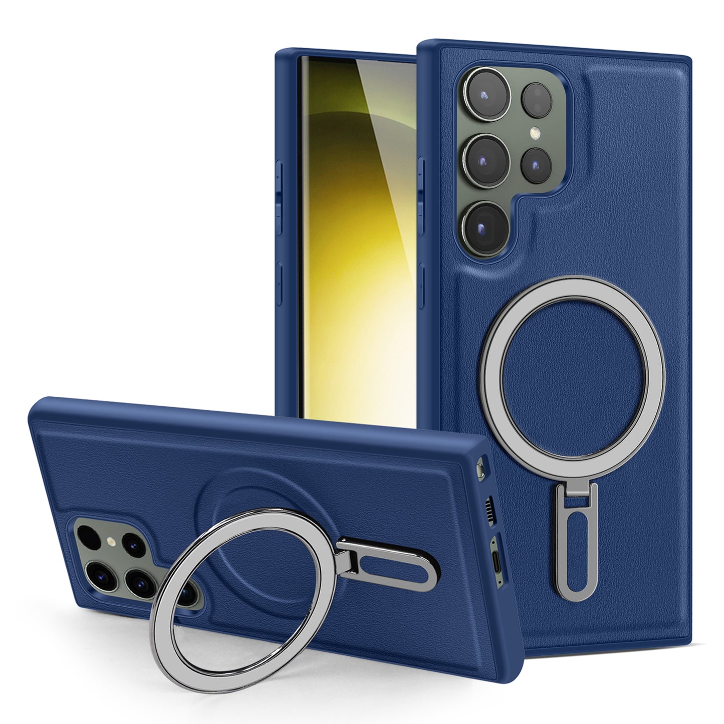 Uniqkart for Samsung Galaxy S23 Ultra Kickstand Phone Case PU Leather Coated PC+TPU Cover Compatible with MagSafe - Blue