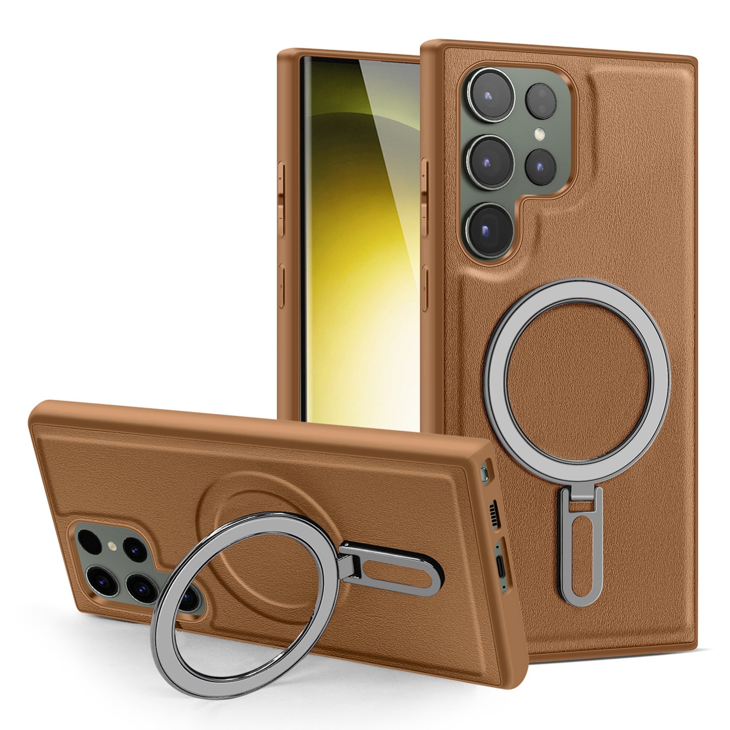 Uniqkart for Samsung Galaxy S23 Ultra Kickstand Phone Case PU Leather Coated PC+TPU Cover Compatible with MagSafe - Brown