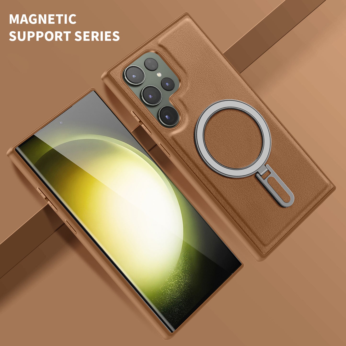 Uniqkart for Samsung Galaxy S23 Ultra Kickstand Phone Case PU Leather Coated PC+TPU Cover Compatible with MagSafe - Brown