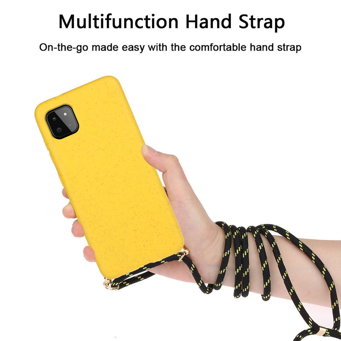 Uniqkart for Samsung Galaxy A22 5G (EU Version) Biodegradable Wheat Straw+TPU Case Phone Cover with Lanyard - Yellow