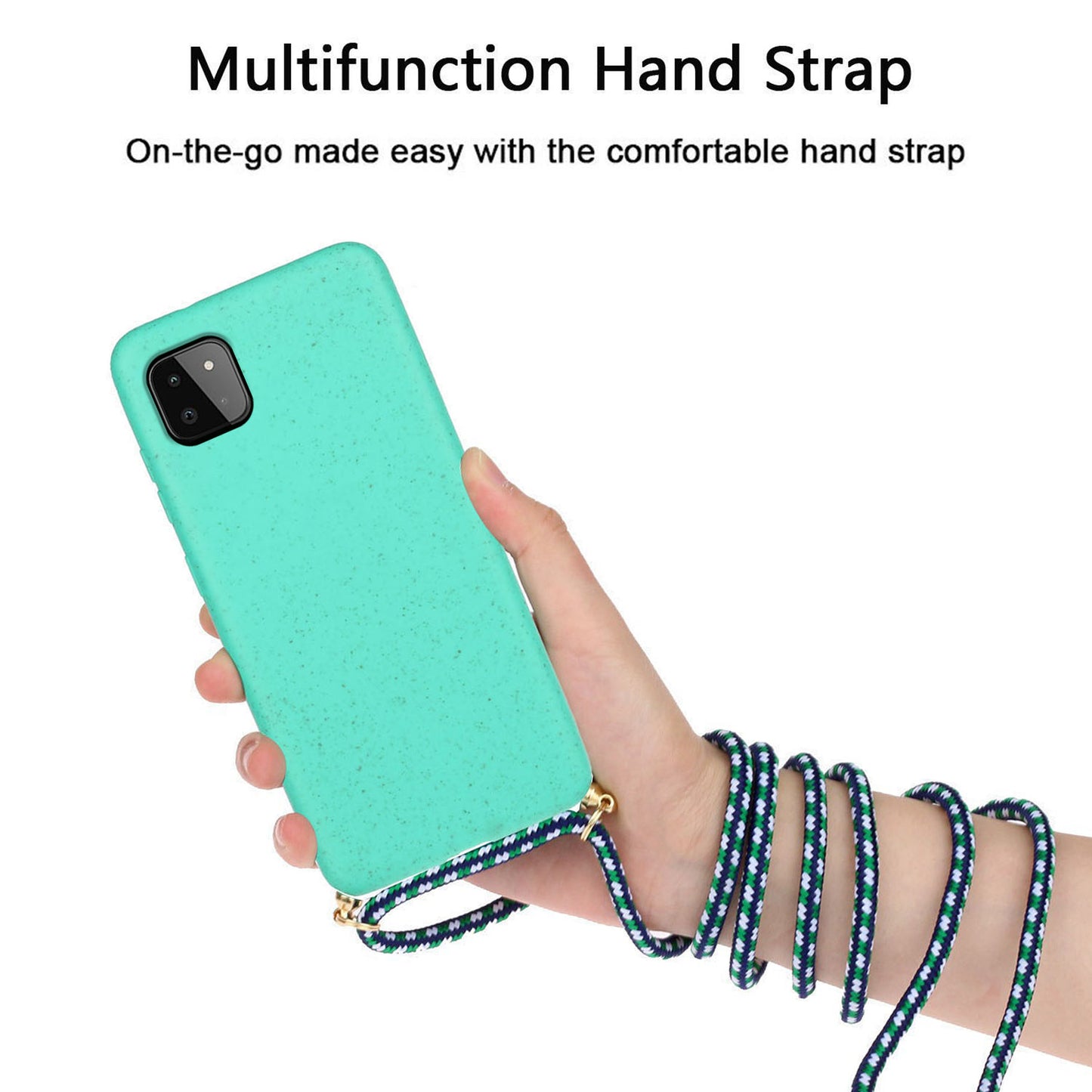 for Samsung Galaxy A22 5G (EU Version) Biodegradable Wheat Straw+TPU Case Phone Cover with Lanyard - Sky Blue