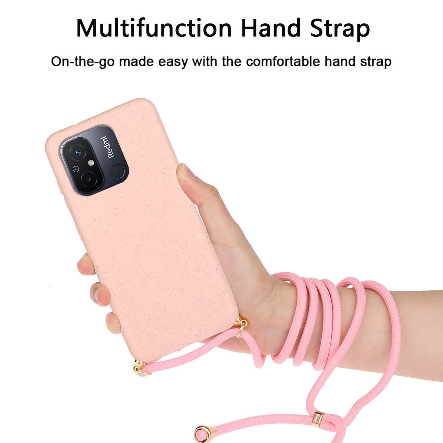 Uniqkart for Xiaomi Redmi 12C 4G / Poco C55 4G Wheat Straw+TPU Case Biodegradable Phone Cover with Lanyard - Pink