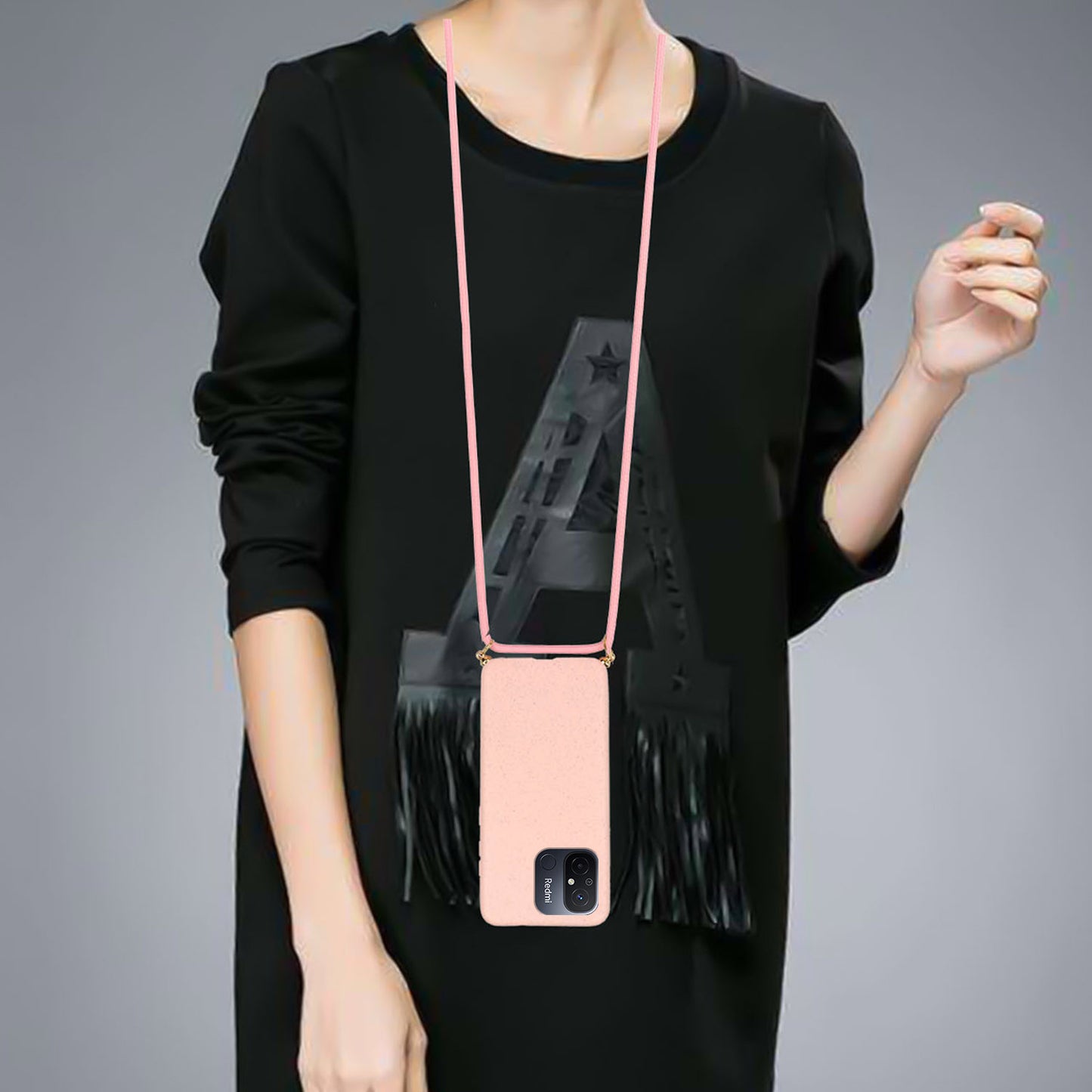 Uniqkart for Xiaomi Redmi 12C 4G / Poco C55 4G Wheat Straw+TPU Case Biodegradable Phone Cover with Lanyard - Pink