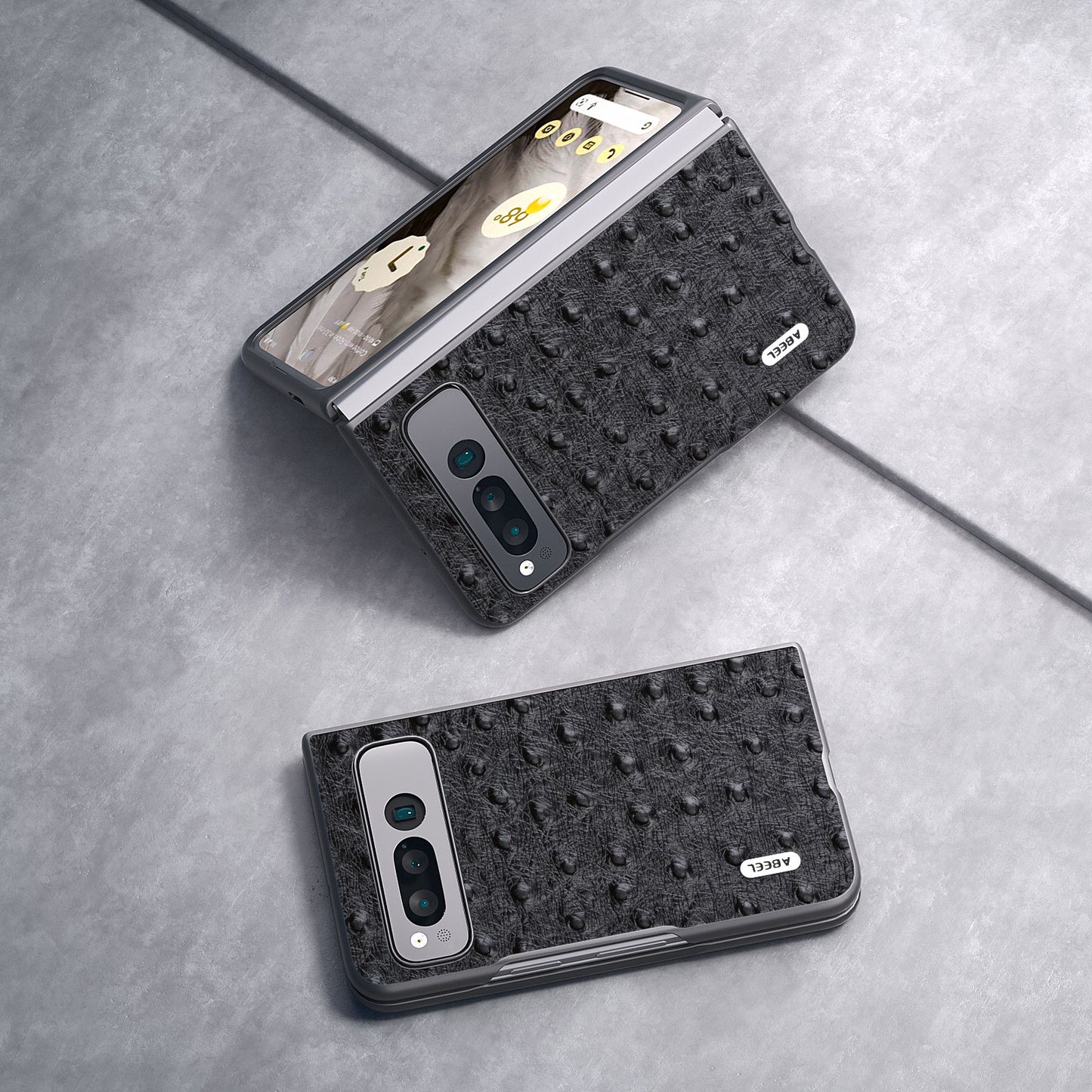 Uniqkart for Google Pixel Fold Phone Case Ostrich Texture Genuine Cow Leather + PC Cover - Black
