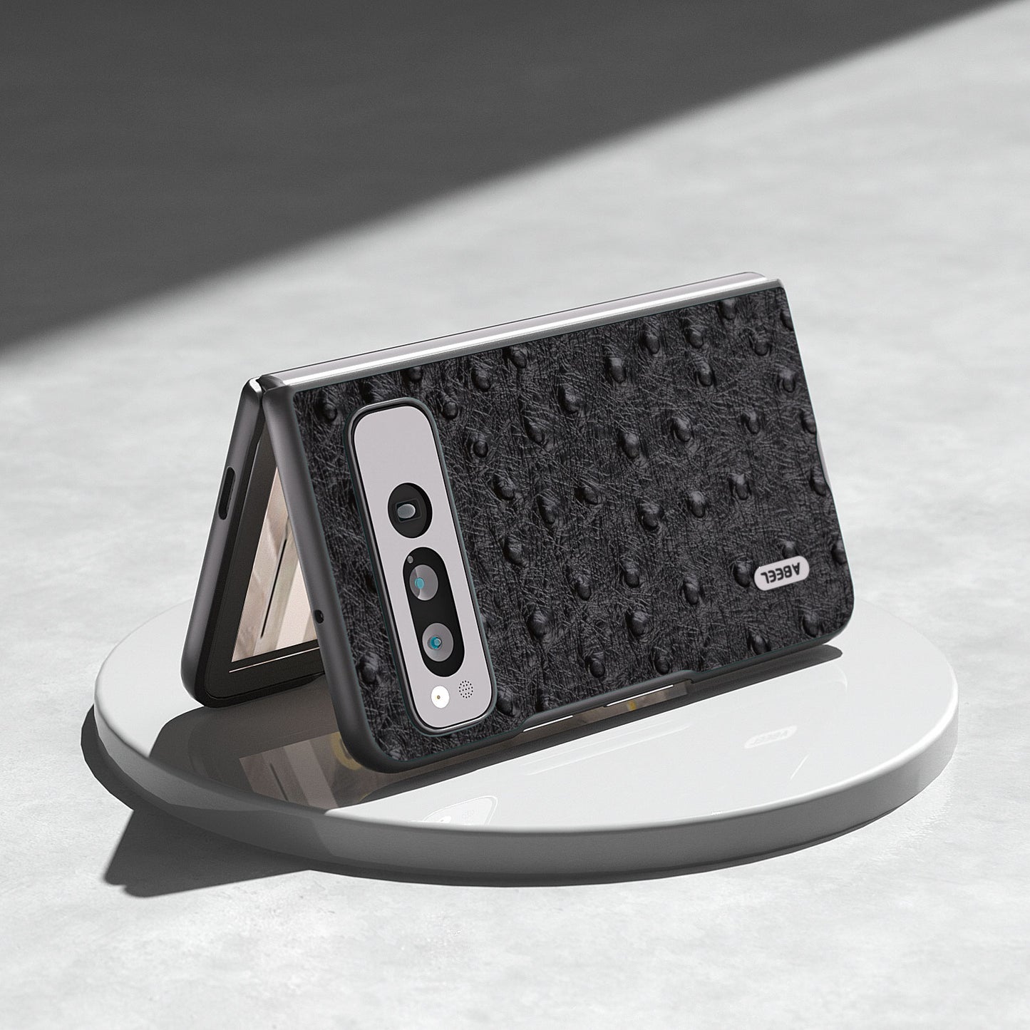 Uniqkart for Google Pixel Fold Phone Case Ostrich Texture Genuine Cow Leather + PC Cover - Black