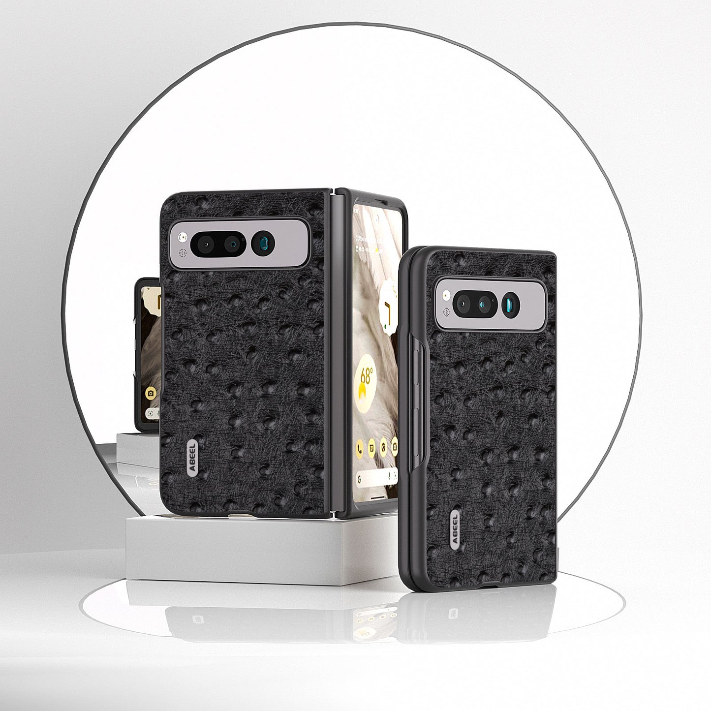 Uniqkart for Google Pixel Fold Phone Case Ostrich Texture Genuine Cow Leather + PC Cover - Black