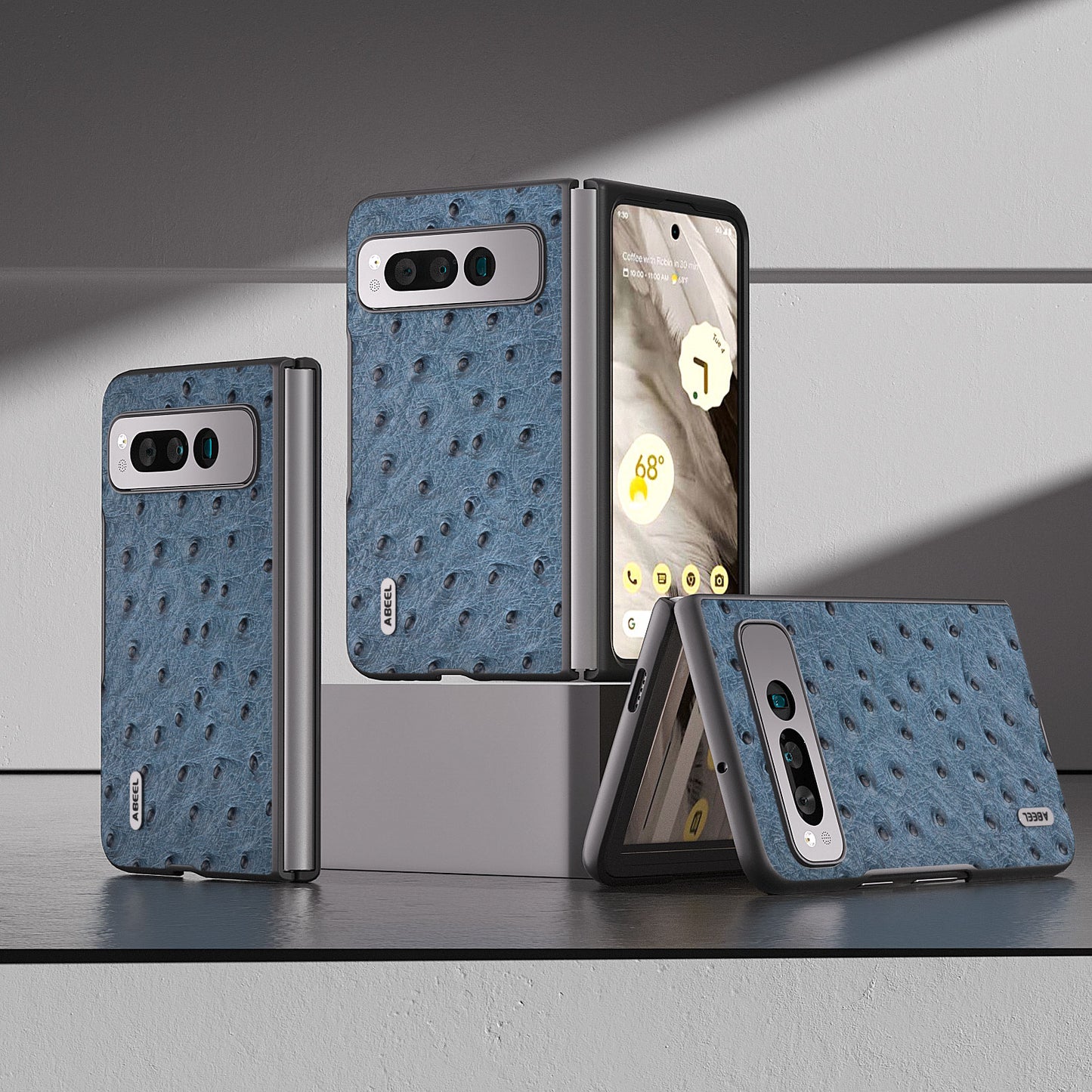 Uniqkart for Google Pixel Fold Phone Case Ostrich Texture Genuine Cow Leather + PC Cover - Blue