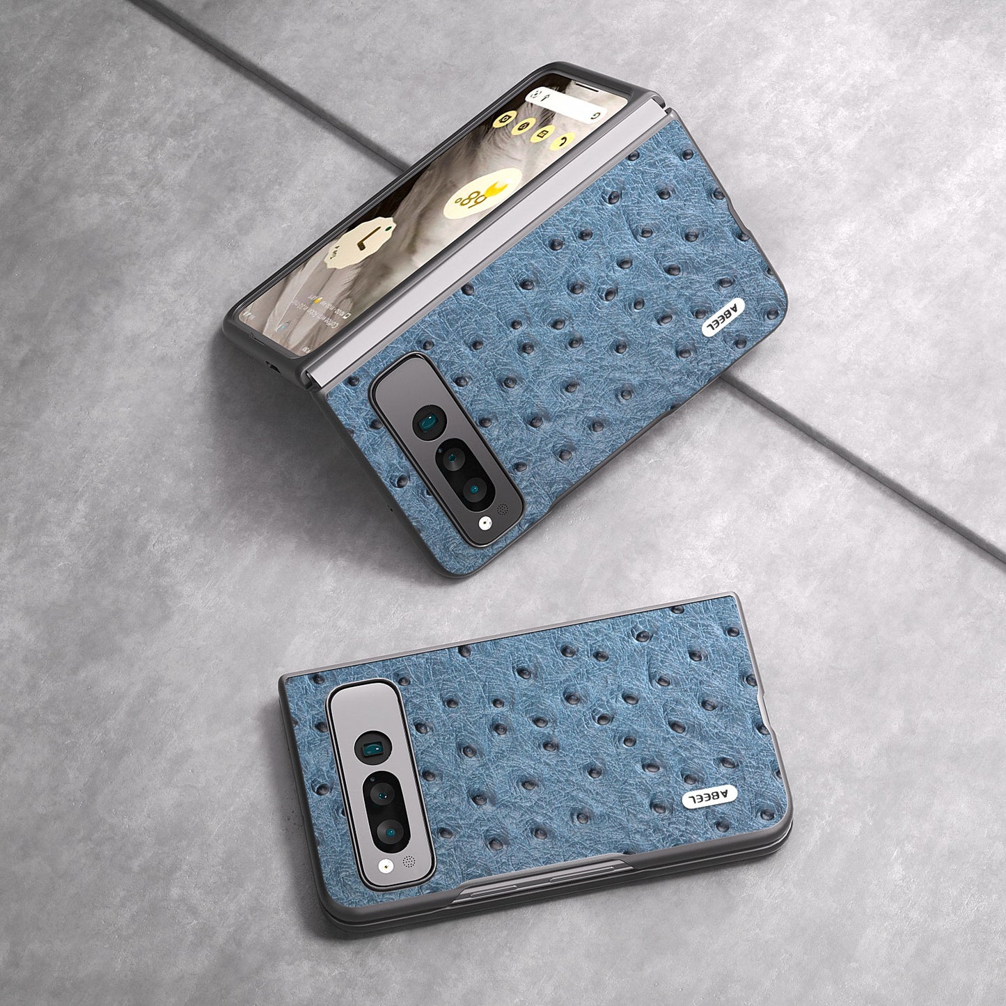 Uniqkart for Google Pixel Fold Phone Case Ostrich Texture Genuine Cow Leather + PC Cover - Blue