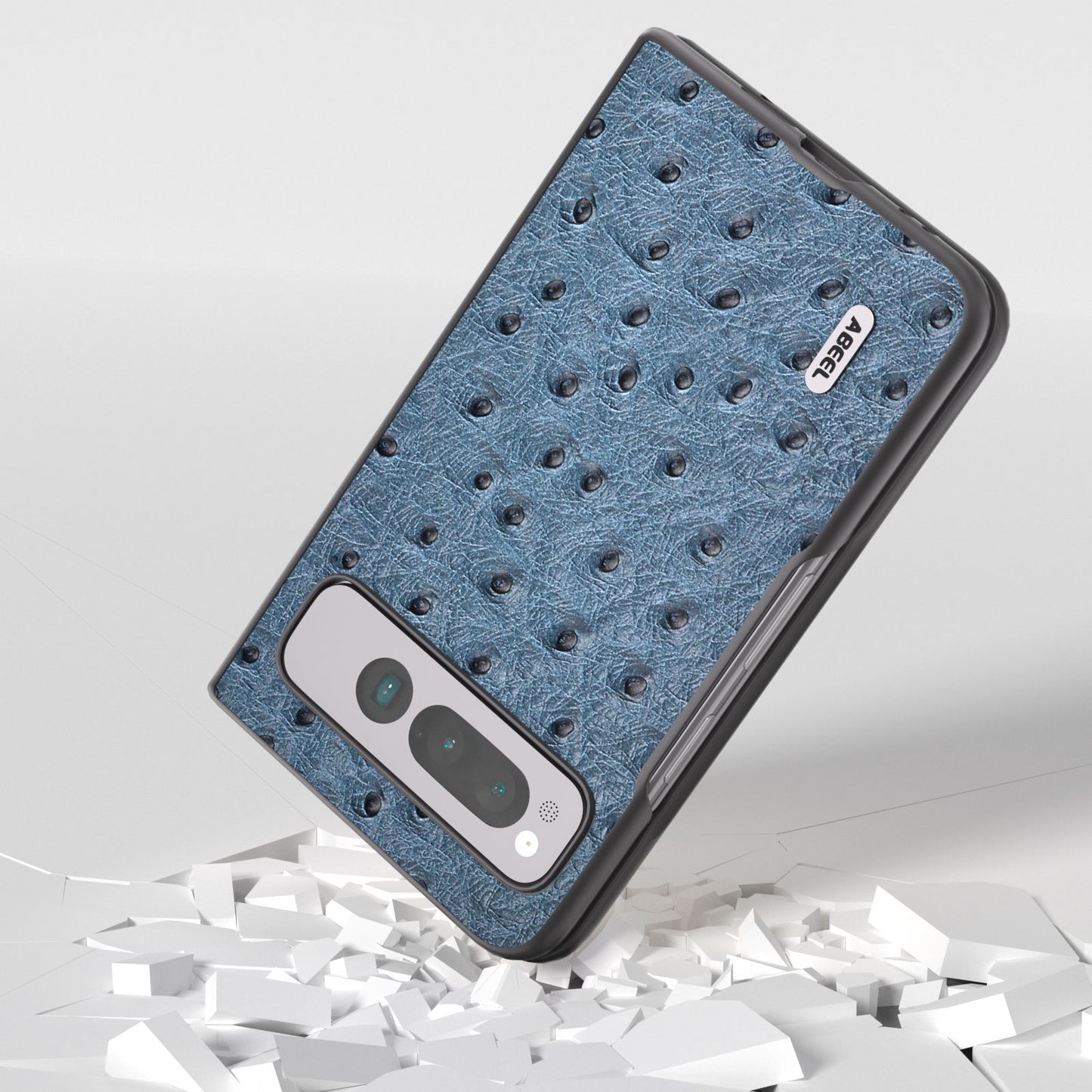 Uniqkart for Google Pixel Fold Phone Case Ostrich Texture Genuine Cow Leather + PC Cover - Blue