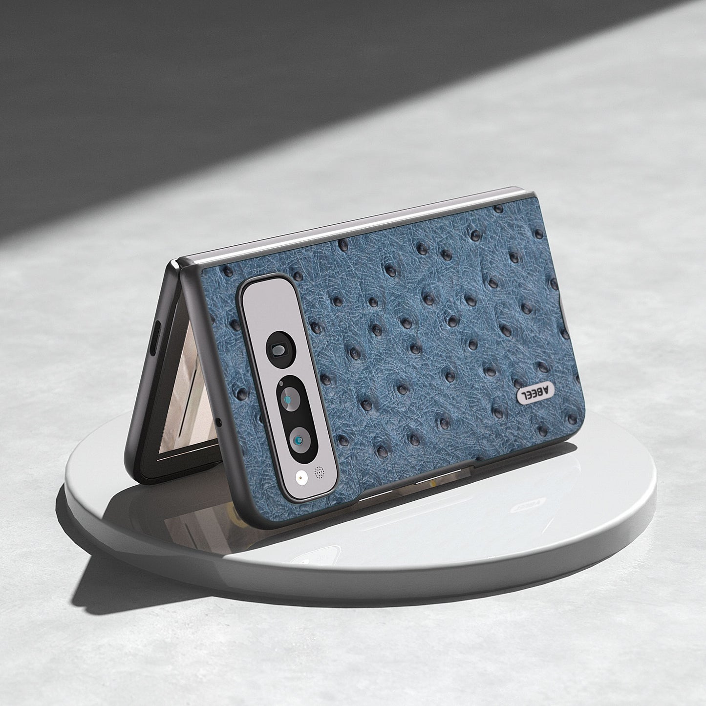 Uniqkart for Google Pixel Fold Phone Case Ostrich Texture Genuine Cow Leather + PC Cover - Blue