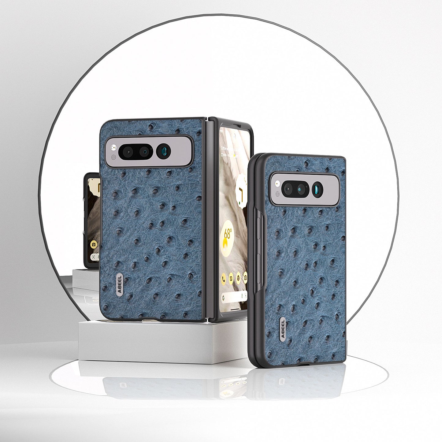 Uniqkart for Google Pixel Fold Phone Case Ostrich Texture Genuine Cow Leather + PC Cover - Blue
