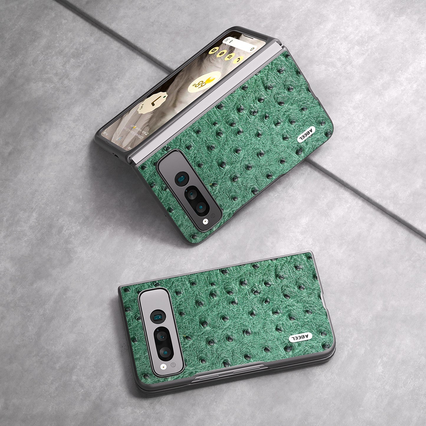 Uniqkart for Google Pixel Fold Phone Case Ostrich Texture Genuine Cow Leather + PC Cover - Green