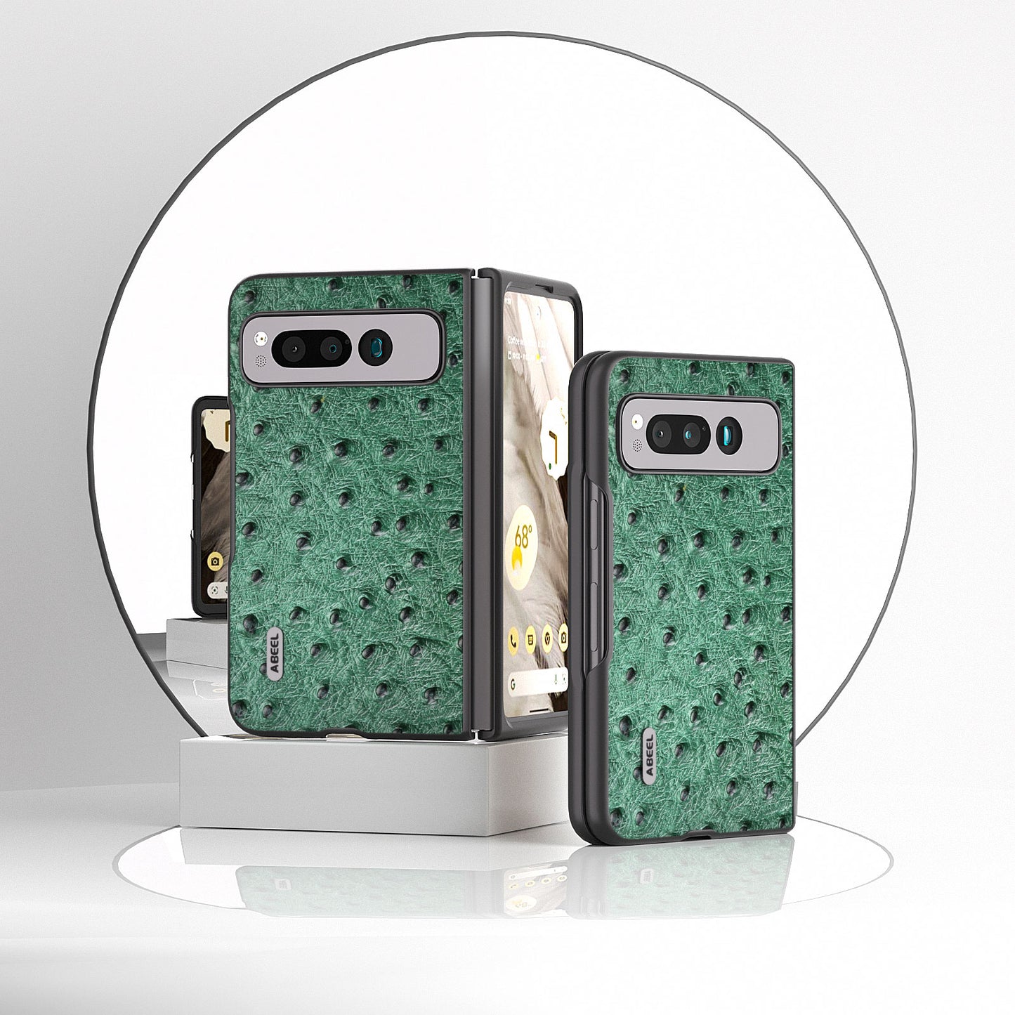 Uniqkart for Google Pixel Fold Phone Case Ostrich Texture Genuine Cow Leather + PC Cover - Green