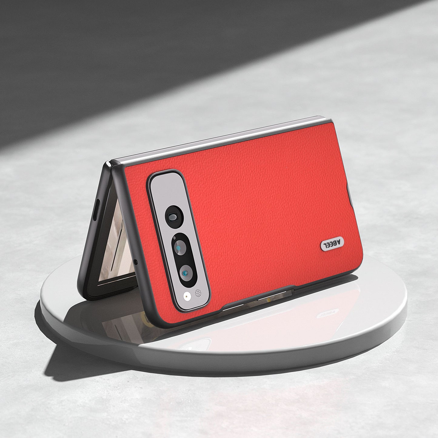 Uniqkart for Google Pixel Fold Protective Cover Genuine Cow Leather + PC Litchi Texture Phone Case - Red