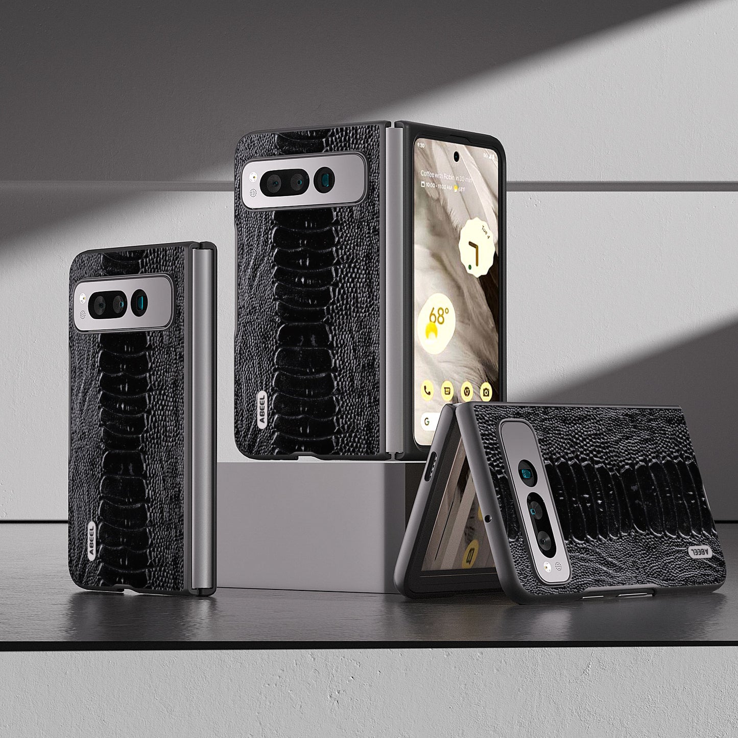 Uniqkart for Google Pixel Fold Crocodile Texture Phone Case Genuine Cow Leather+PC Anti-Fall Cover - Black